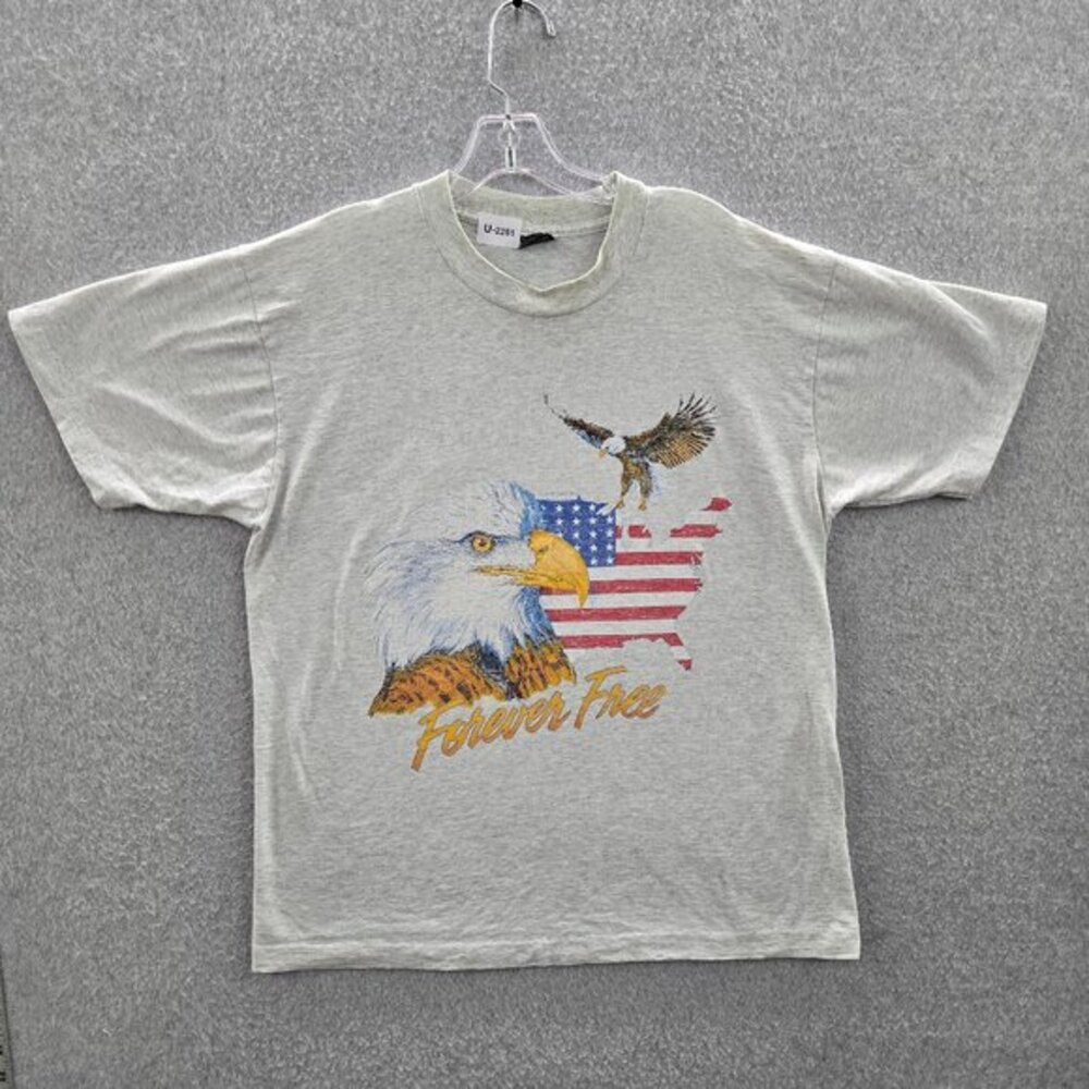 VINTAGE Forever Free Men Shirt L Gray Single Stitch United State Of America 90s